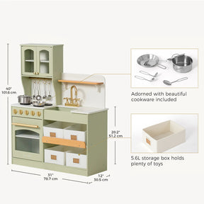The Tiny Land® Wooden Play Kitchen with Storage for Creative Toddlers by Tiny Land features a spacious green cottage-core design with pretend cookware, pots, pans, utensils, multifunctional storage, oven, stove, sink, shelves, and labeled dimensions.|sage