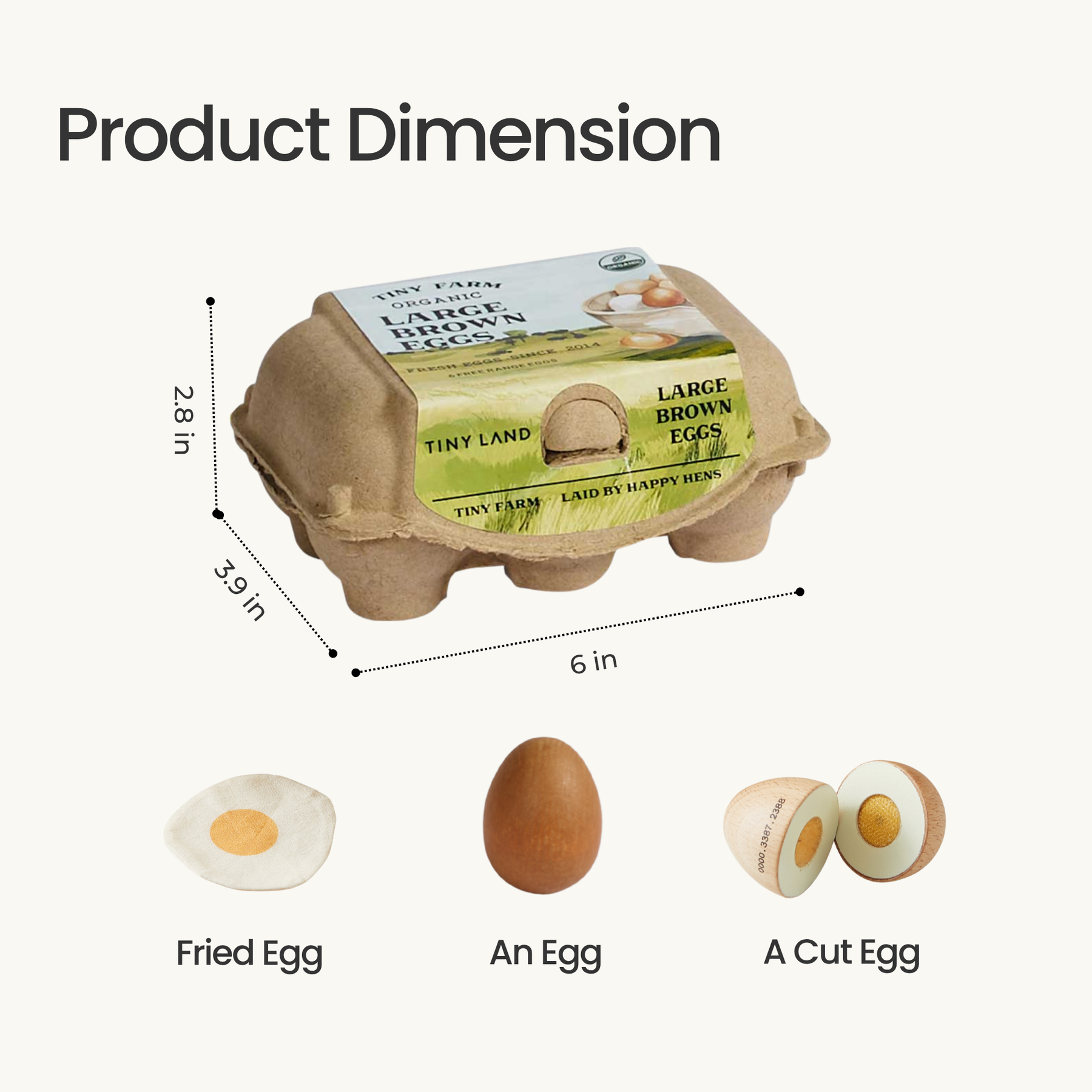 A Tiny Land Play Food carton labeled “Tiny Land® Egg Combo Playset” (6 x 3.9 x 2.8 in) sits above images of a fried egg, a whole brown egg, and a cut egg—realistic play food just like the tinyland wooden cutting fruit toy set.