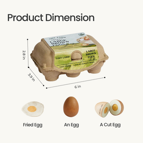 A Tiny Land Play Food carton labeled “Tiny Land® Egg Combo Playset” (6 x 3.9 x 2.8 in) sits above images of a fried egg, a whole brown egg, and a cut egg—realistic play food just like the tinyland wooden cutting fruit toy set.