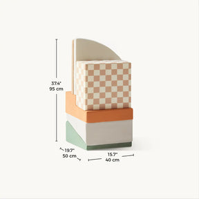 The Tiny Land® PlayNest Climbing Blocks by Tiny Land feature stacked rectangular and arch foam shapes in cream, orange, and green (one with a checkered pattern). Measures 37.4" H x 19.7" W x 15.7" D—perfect for gross motor skill development.