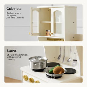 Two images: The top features white cabinets neatly organized with spice jars. The bottom highlights the Tiny Land® Wooden Play Kitchen with Storage for Creative Toddlers by Tiny Land, displaying a toy stove, pretend cookware (including pots, pans, utensils), and play food—all cleverly arranged above and within the set. Text emphasizes imaginative play opportunities and convenient storage offered by this fun children’s kitchen.|cream