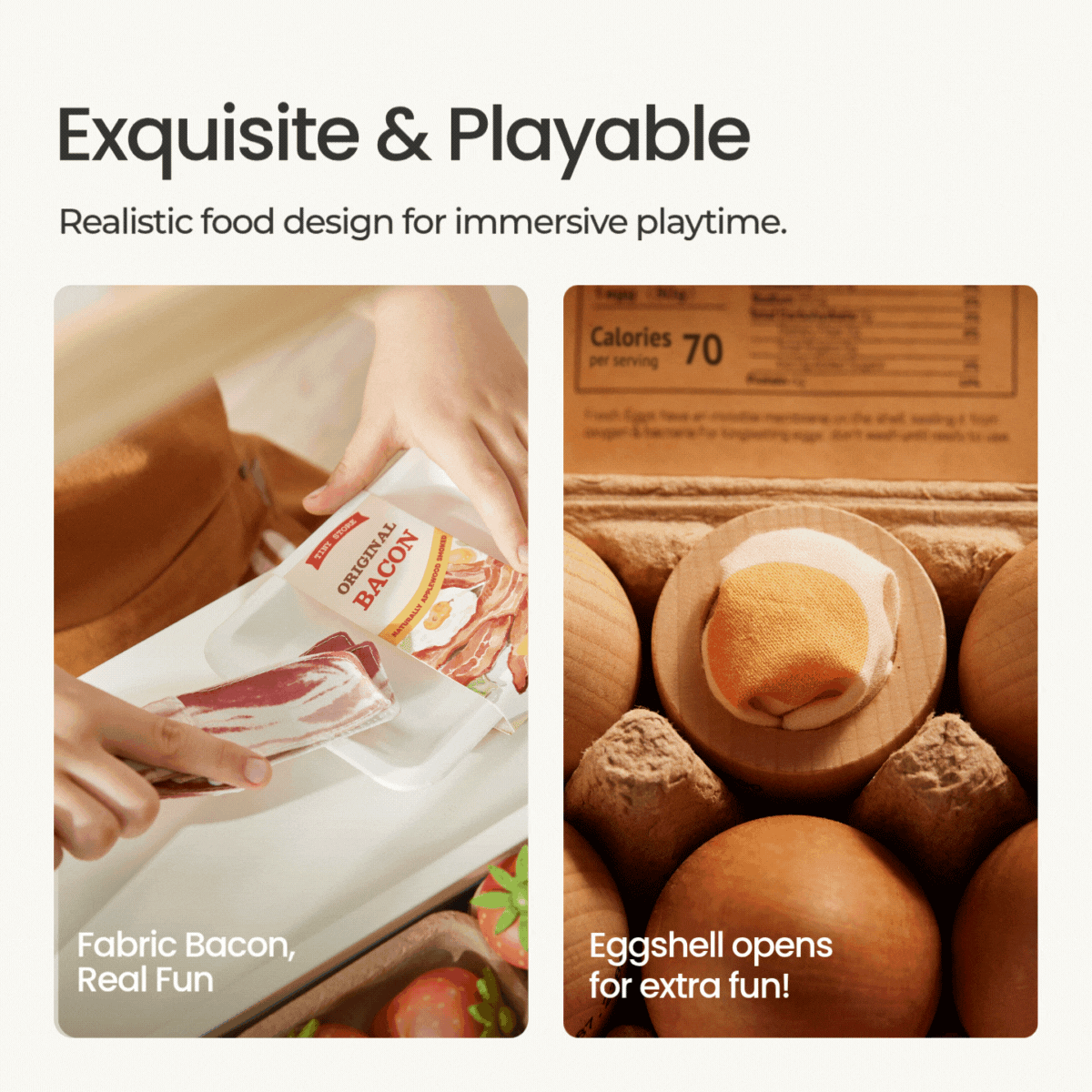 Two images display the Tiny Land® Farm-to-Table Play Set: on the left, hands pull fabric bacon; on the right, a plush egg in an open shell—ideal for pretend play in any Tiny Land kitchen or farm-to-table set.