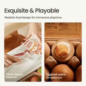 Two images display the Tiny Land® Farm-to-Table Play Set: on the left, hands pull fabric bacon; on the right, a plush egg in an open shell—ideal for pretend play in any Tiny Land kitchen or farm-to-table set.