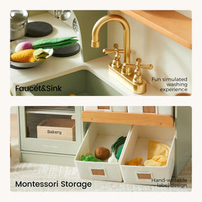 Top: A gold play faucet and sink paired with toy dishes and pretend cookware, perfect for imaginative play. Bottom: Two labeled Montessori-style storage bins filled with toy food items, all set within the Tiny Land® Wooden Play Kitchen with Storage for Creative Toddlers by Tiny Land—a light green and wood kids kitchen set that doubles as functional storage and playful kitchen furniture.|sage