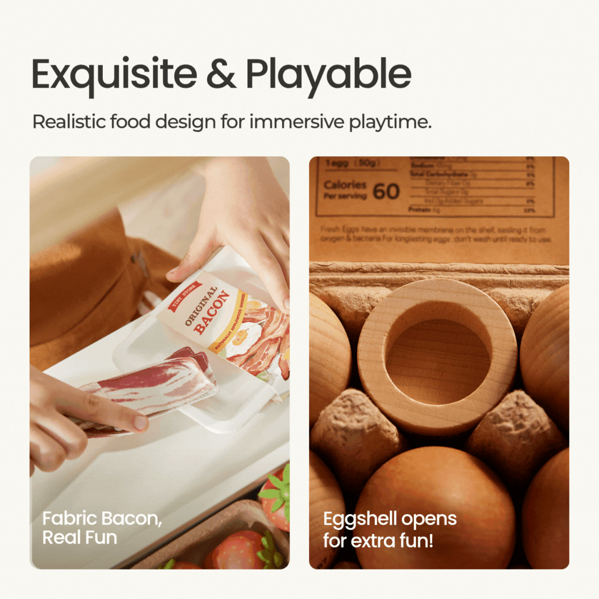 Two images show the Tiny Land® Organic Play Food Collection: on the left, hands pull fabric bacon from a package; on the right, a toy egg carton with an open eggshell. Text highlights immersive playtime and interactive features.