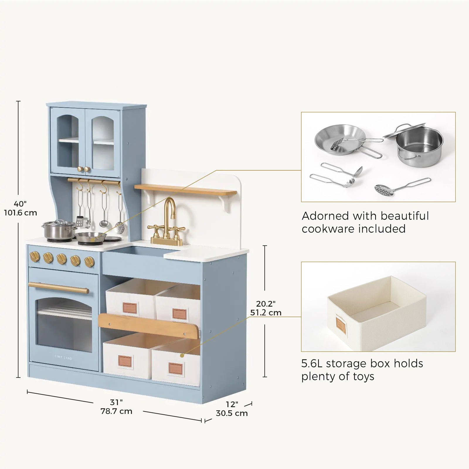 The Tiny Land® Wooden Play Kitchen for Creative Toddlers by Tiny Land features light blue with gold accents, cabinets, stove, sink, hanging utensils, pretend cookware, and three cream storage bins plus multifunctional storage.|blue