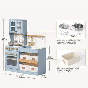The Tiny Land® Wooden Play Kitchen for Creative Toddlers by Tiny Land features light blue with gold accents, cabinets, stove, sink, hanging utensils, pretend cookware, and three cream storage bins plus multifunctional storage.|blue