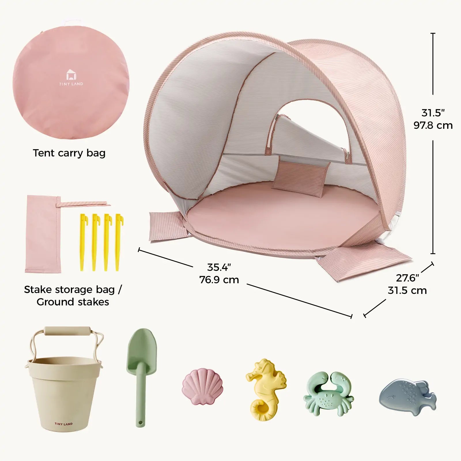 The Tiny Land® One-Stop Beach Toy & Tent Set – Blush Pink includes a UV-protective tent, carry bag, four yellow stakes with storage bag, beige bucket, green shovel, and five sea-themed sand molds—displayed with measurements.|Blush Pink
