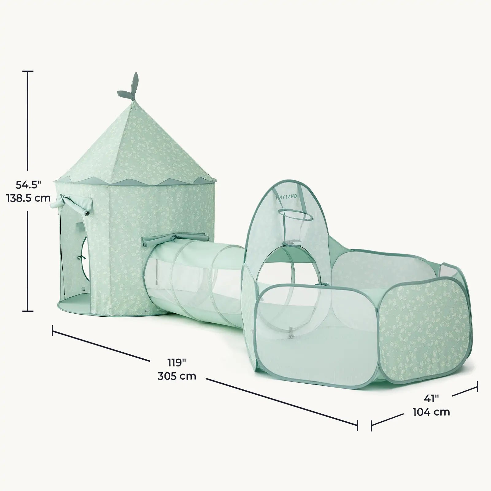 The Tiny Land® Green Adventure 3-in-1 Play Tunnel & Fun-Shapes Ocean Ball Set by Tiny Land features a castle tent (54.5" tall), tunnel, and 41" wide playpen with a total length of 119". Ideal for sensory play adventures!.