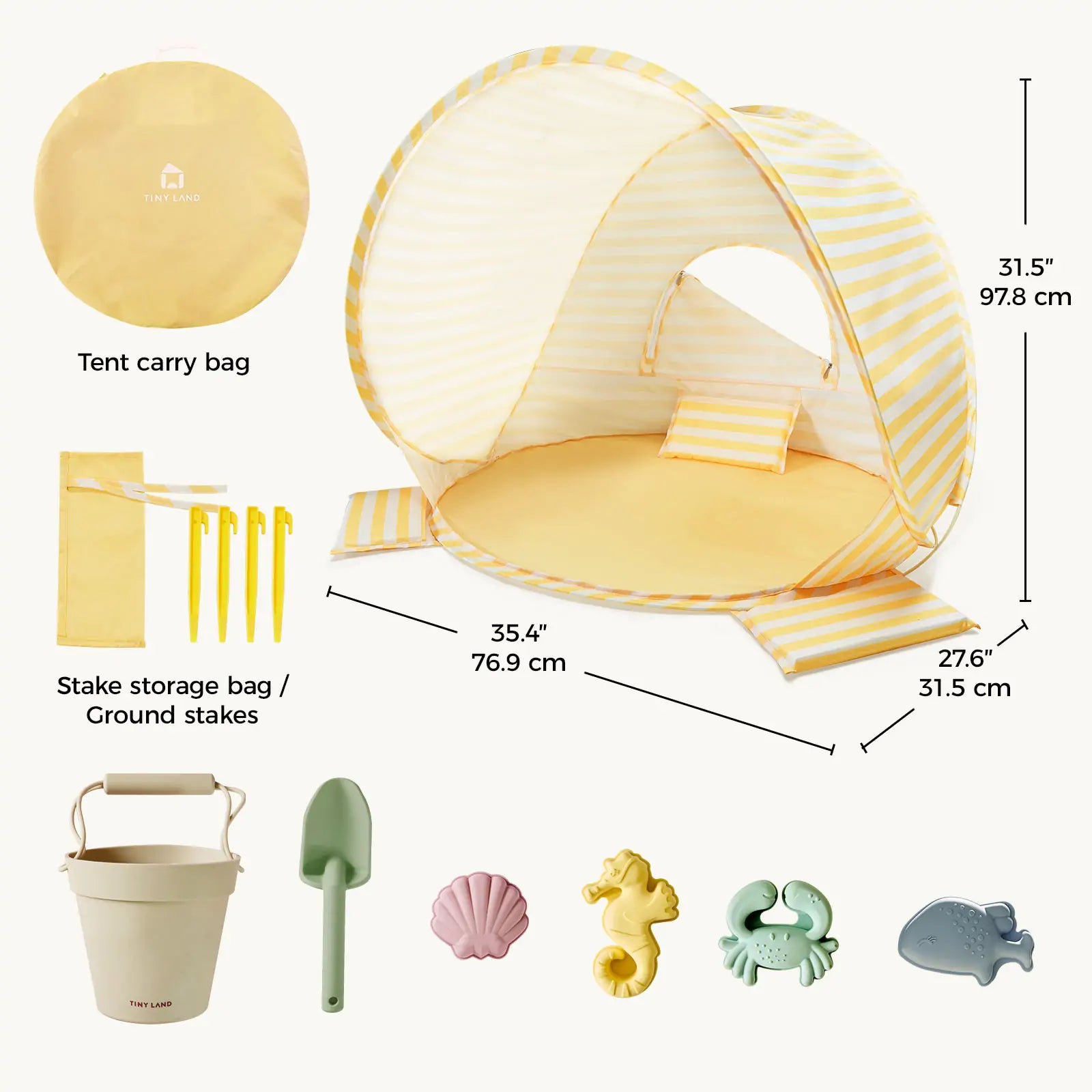 The Tiny Land® One-Stop Beach Toy & Tent Set – Pastel Yellow Stripes is a UV-protective kids’ tent with a carry bag, ground stakes, storage bag, beige bucket, green shovel, and pastel sea creature sand play set by Tiny Land.|Pastel Yellow Stripes