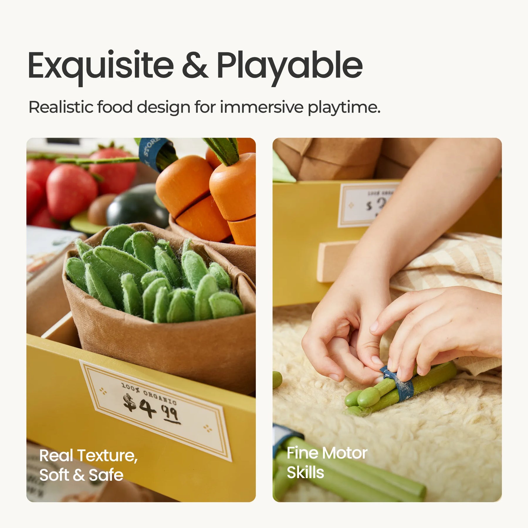 Two images show the Tiny Land® Farm-to-Table Play Set by Tiny Land: plush green beans in a $4.99 box, and a child tying plush asparagus stems with a blue ribbon—ideal for pretend play and fine motor skills.