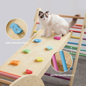 A fluffy white and gray cat sits on the Tiny Land® Pikler Triangle 7-in-1 Montessori Climbing Set, a wooden indoor playground with colorful handholds. Insets highlight features: safe odorless paint and ASTM certification from Tiny Land.