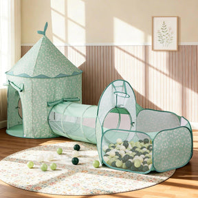 The Tiny Land® Green Adventure 3-in-1 Play Tunnel & Fun-Shapes Ocean Ball Set features a mint green tent and tunnel, plus a white floral ball pit with green, white, and gray balls—ideal for sensory play in stylish kids' rooms.