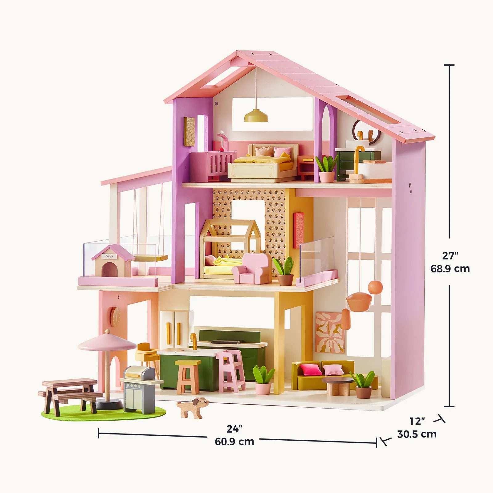 Introducing the Tiny Land® Sweetwood Edge Dollhouse - Green & Pink: a colorful three-story wooden dollhouse by Tiny Land, complete with wooden dollhouse furniture, a patio set, and a doghouse. Measuring 27 in (68.9 cm) tall, 24 in (60.9 cm) wide, and 12 in (30.5 cm) deep, it's the perfect Montessori toy to inspire hours of imaginative play.|Pink