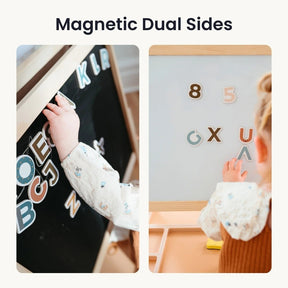 A child arranges colorful magnetic letters and numbers on the Tiny Land® Caramel Magnitales Easel for Kids, exploring both its black and white sides. “Magnetic Dual Sides” text is above this creative Tiny Land easel.