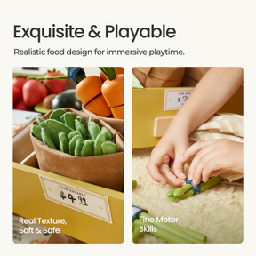 Two images show realistic play food for toddlers. The left shows a grocery box with plush veggies labeled $4.99; the right, a child tying toy asparagus—skills enhanced by the Tiny Land® Organic Play Food Collection from Tiny Land Play Food. Texture and safety are emphasized.