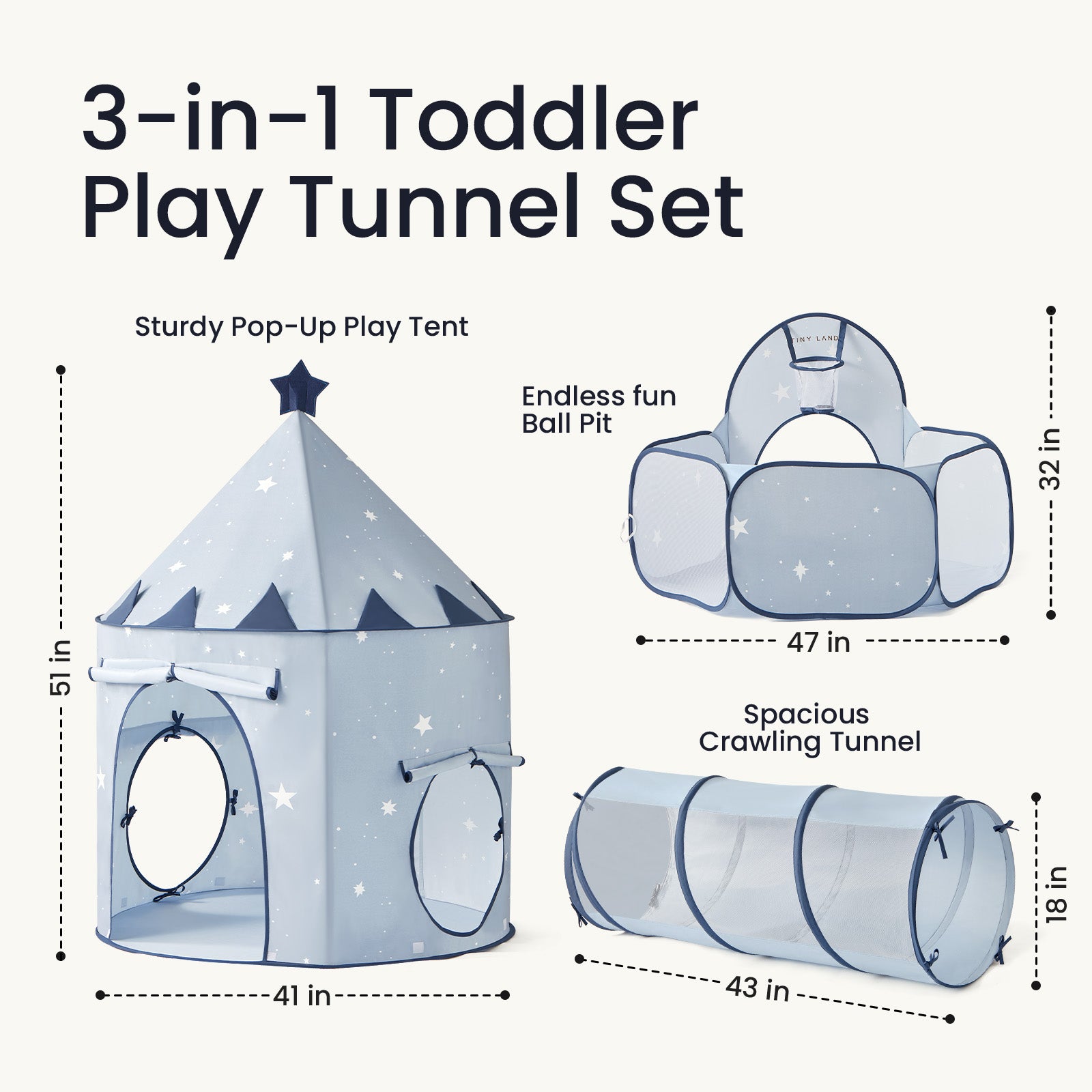 The Tiny Land® Adventure 3-in-1 Play Tunnel & Ocean Ball Set - Blue features a castle tent, star-print ball pit, and mesh tunnel from Tiny Land—ideal for energetic toddlers.|blue