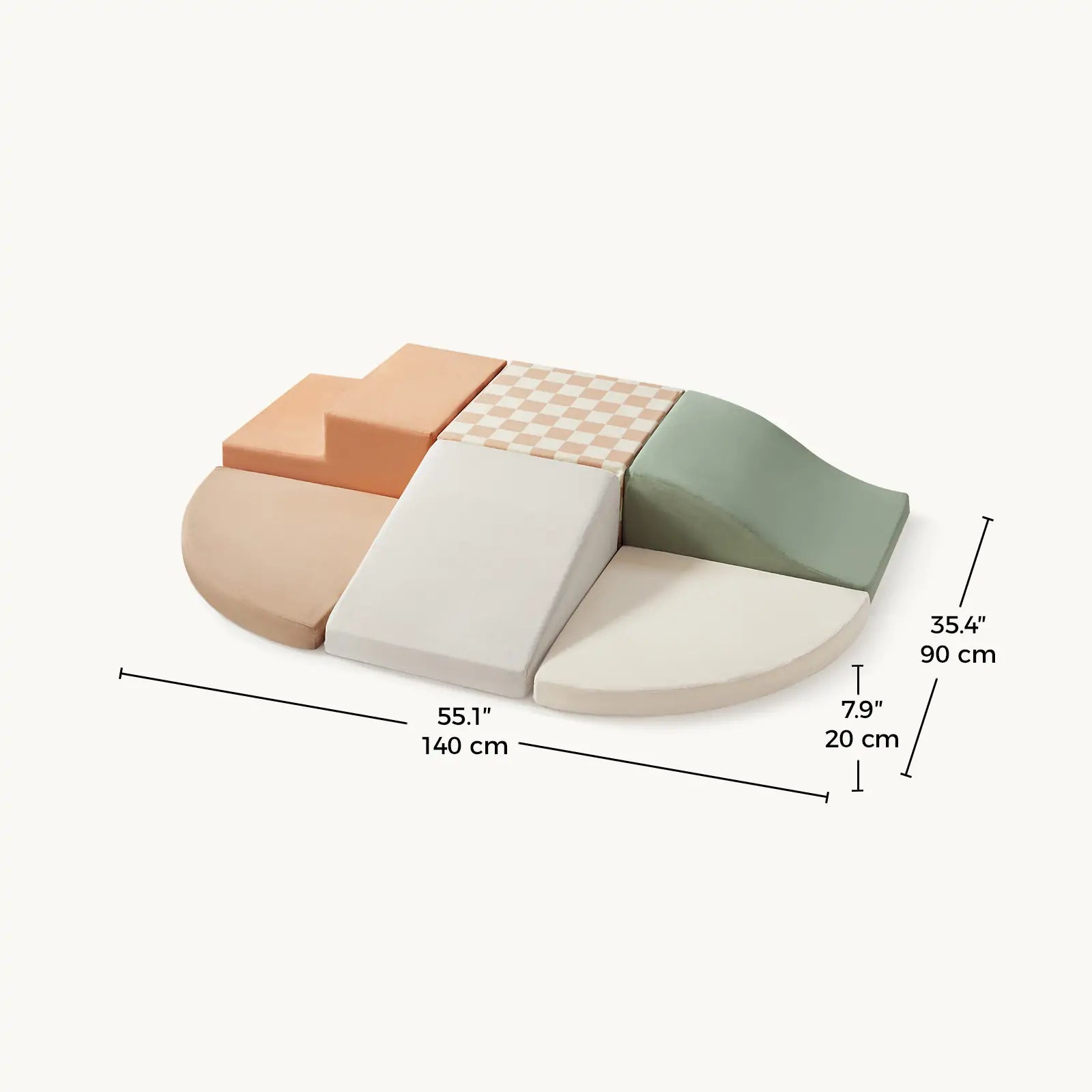 The Tiny Land® PlayNest Climbing & Ball Pit Set by Tiny Land features six uniquely shaped climbing blocks in soothing neutral tones, displayed on a white background—ideal for building a soft indoor playground. The set measures 55.1 inches (140 cm) wide, 35.4 inches (90 cm) deep, and 7.9 inches (20 cm) tall, with dimensions clearly labeled.|Pink
