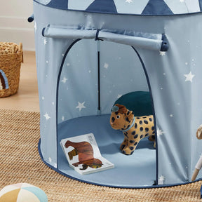 The Tiny Land® Kids Tent – Starry Blue Indoor Tent for Toddlers by Tiny Land sits on a woven rug with a plush cheetah toy and an open bear picture book inside. A basket and soft toys nearby make it perfect for fun indoors or outdoors.|Blue