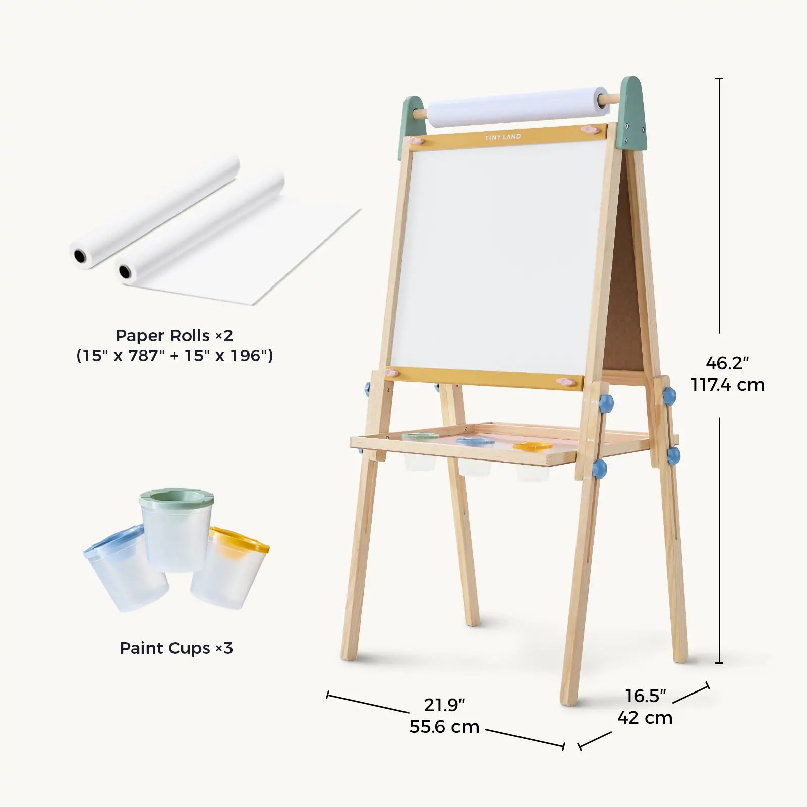 The Tiny Land® 3-in-1 Art Easel for Kids - Morandi features a whiteboard, three paint cups, two paper rolls, and measures 46.2” H x 21.9” W x 16.5” D—perfect for inspiring creativity in young artists.|green