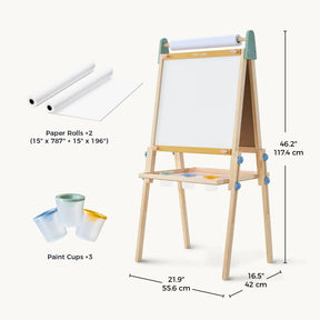 The Tiny Land® 3-in-1 Art Easel for Kids - Morandi features a whiteboard, three paint cups, two paper rolls, and measures 46.2” H x 21.9” W x 16.5” D—perfect for inspiring creativity in young artists.|green
