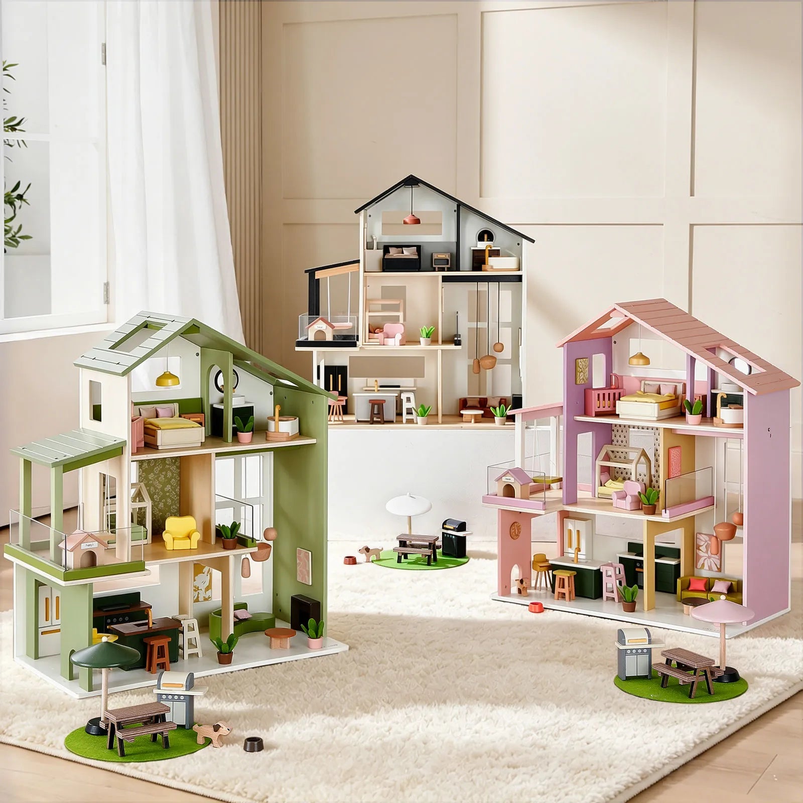 Three Tiny Land® Sweetwood Cottage Dollhouses by Tiny Land, complete with detailed miniature furniture and accessories, are displayed on a plush carpet alongside benches and small green mats in a bright room with white walls and large windows.