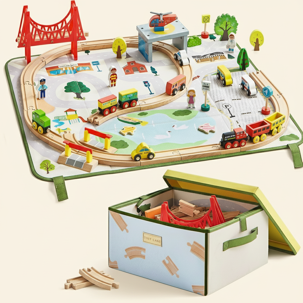 The Tiny Land® 110-Piece Wooden Train Set features tracks, trains, bridges, and toy figures arranged on a city play mat, with extra pieces and accessories stored in its folding storage box below.