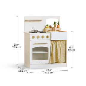 The Tiny Land® Wooden Play Kitchen for Toddlers - Honey Kitchenette features a stove, oven, sink, shelves, utensils, and fabric curtain. Dimensions: 28.7"H x 22.6"W x 12.3"D; sink counter height: 19.7". Ideal for pretend play!.|white