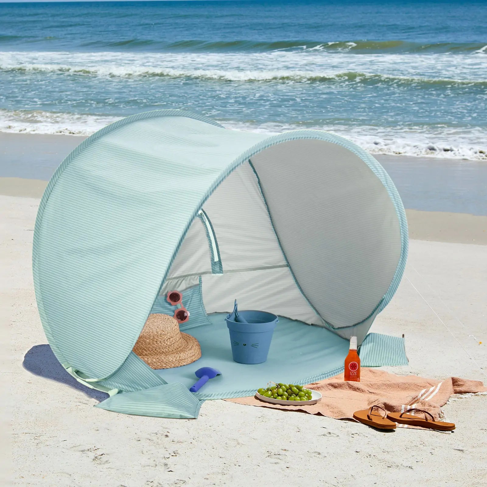 The Tiny Land® One-Stop Beach Toy & Tent Set – Sea Blue by Tiny Land provides UV-protective shade and fun toys, making it ideal for family beach outings or a playful day by the shore.|Sea Blue