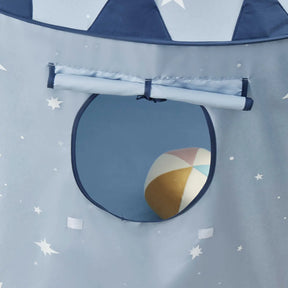 A multi-colored beach ball is visible through the round window of the Tiny Land® Kids Tent – Starry Blue Indoor Tent for Toddlers, decorated with stars and moons.|Blue