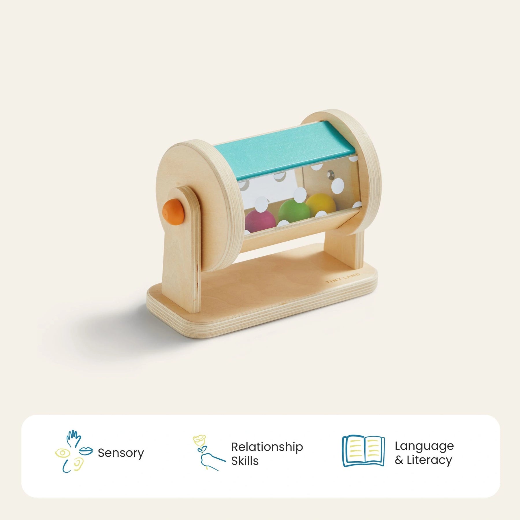 The Tiny Land® Montessori Toys for Newborns (4–6 Months) by Tiny Land features a wooden rotating drum with colorful beads to build fine motor skills, with icons showing benefits: Sensory, Relationship Skills, and Language & Literacy.
