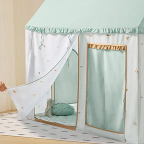 The Tiny Land® Sweet Woodland Kids Play Tent by Tiny Land comes in mint green and white with small prints, gold trim, and a play mat. Inside, there’s a plush rabbit doll, round cushion, and a hand pulling back the curtain.|green
