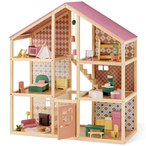 The Tiny Land® Sweetwood Dollhouse without Dolls by Tiny Land features four rooms, an attic, patterned wallpaper, vibrant furniture sets including beds, chairs, a bathtub, tables, lamps, and a charming pink roof—perfect for imaginative play.|Pegasus