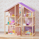 The Tiny Land® Sweetwood Dollhouse without Dolls by Tiny Land features a charming open-front design, purple roof, pastel wallpaper, three floors, and includes colorful wooden furniture such as beds, chairs, tables, and lamps.|Unicorn