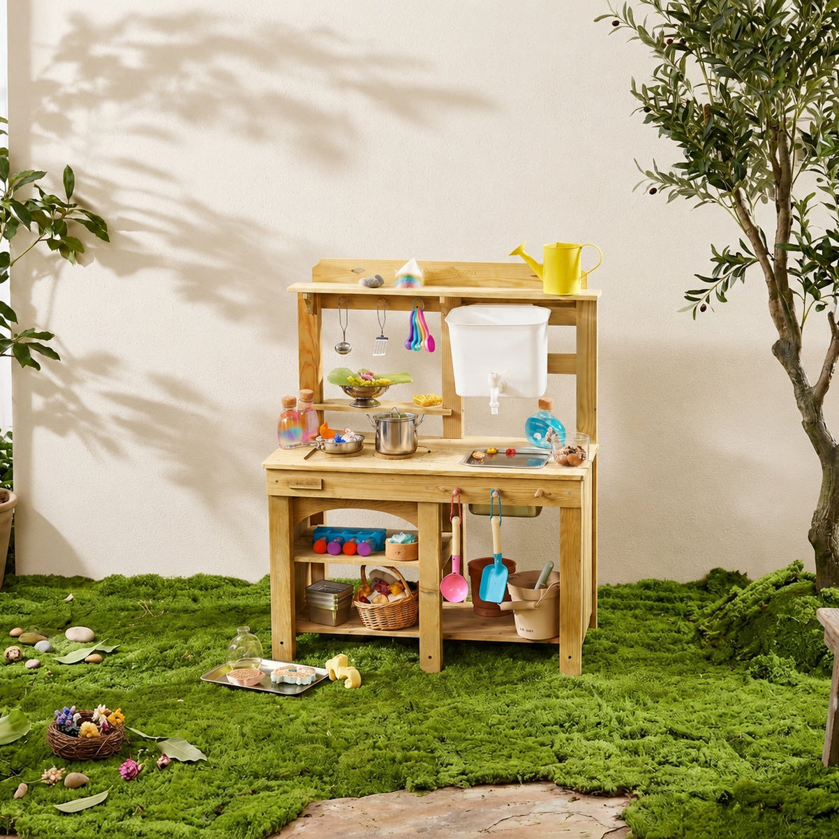 The Tiny Land® Outdoor Mud Kitchen & Sand Play Set by Tiny Land features a wooden kitchen on moss, with toy utensils, pots, cups, and play food on its shelves. A yellow watering can and toy tools from the set hang above the workspace near a leafy plant.