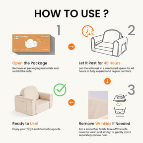 Infographic featuring four steps for the Tiny Land® GentleSnug Kid Chair by Tiny Land: 1. Open the package. 2. Allow the high-density foam chair to rest for 48 hours. 3. The chair is now ready to use. 4. Remove the cover for washing or ironing if wrinkled—each step includes a corresponding icon and concise instructions.|Pink
