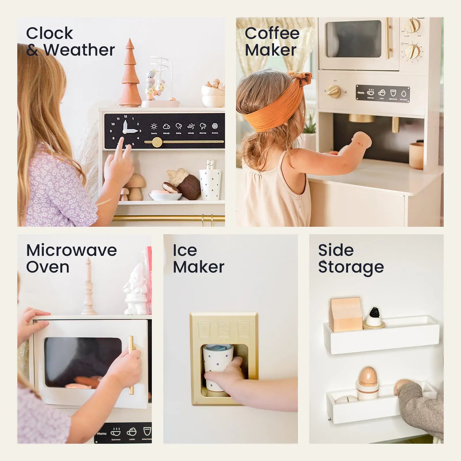 Children play with the Tiny Land® Luxury Kitchen Playset by Tiny Land, featuring a play clock, weather panel, coffee maker, microwave oven, ice maker, side storage shelves, and a play food set with fun accessories.