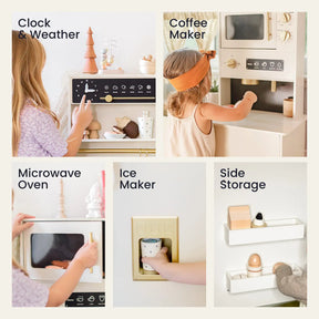 Children play with the Tiny Land® Luxury Kitchen Playset by Tiny Land, featuring a play clock, weather panel, coffee maker, microwave oven, ice maker, side storage shelves, and a play food set with fun accessories.