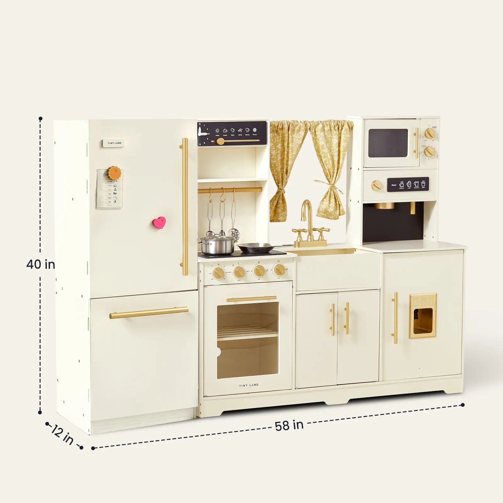 The Tiny Land All-in-One Family Feast Gift Set is a cream and gold wooden play kitchen with a fridge, oven, stove, sink, microwave, and coffee maker. Measuring 40"x58"x12", it's perfect for creative cooking fun.