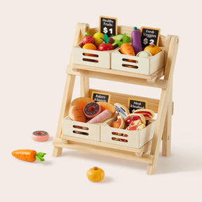The Tiny Land® Play Kitchen Accessories – a versatile wooden rack for play food – features two shelves and labeled baskets (“Healthy Fruits,” “Fresh Veggies,” “Bakery & Sweets,” “Meat & Seafood”), ideal for organizing play kitchens or kids’ rooms.