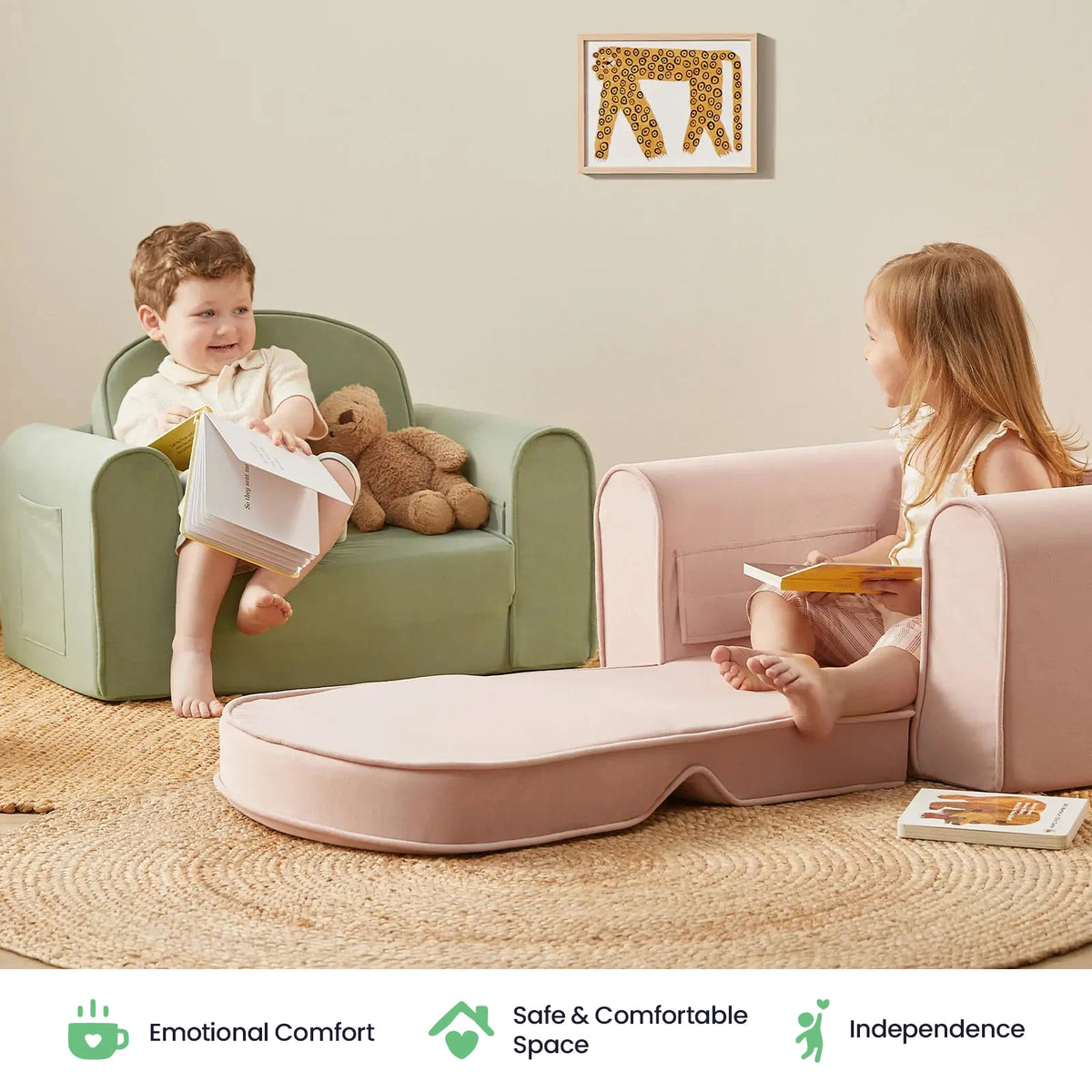 Two young children sit on Tiny Land® GentleSnug Kid Chairs in pink, reading books—showcasing the ideal versatile playroom furniture from Tiny Land. A teddy bear sits beside the boy for extra comfort. The neutral background and icons below emphasize comfort, safety, and independence.