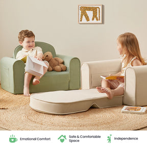 Two young children sit on beige and white Tiny Land® GentleSnug Kid Chairs with books in a cozy room, each enjoying the comfortable support provided by high-density foam. A folded mat lies between them, while a teddy bear rests on one chair. The setting feels warm, inviting, and safe—perfect for story time or relaxing. Icons below showcase the comfort and independence offered by these versatile 2-in-1 kids sofa beds from Tiny Land.