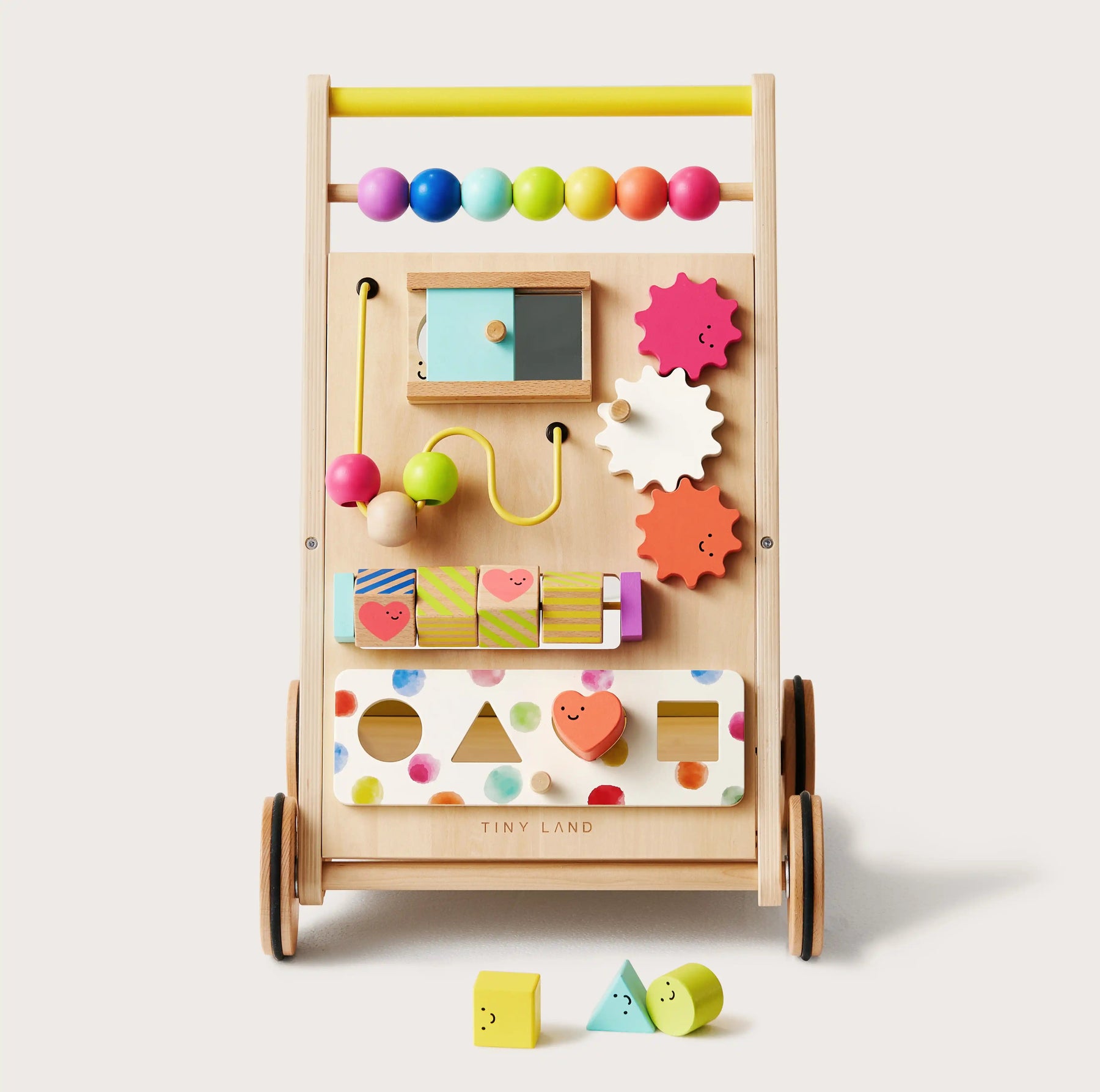 The Tiny Land Rainbow Baby Walker & Activity Cube Developmental Playset features colorful beads, gears, sliders, a bead maze, and shape sorter to boost fine motor skills. This upright wooden walker has wheels and bright designs for playful learning|Rainbow
