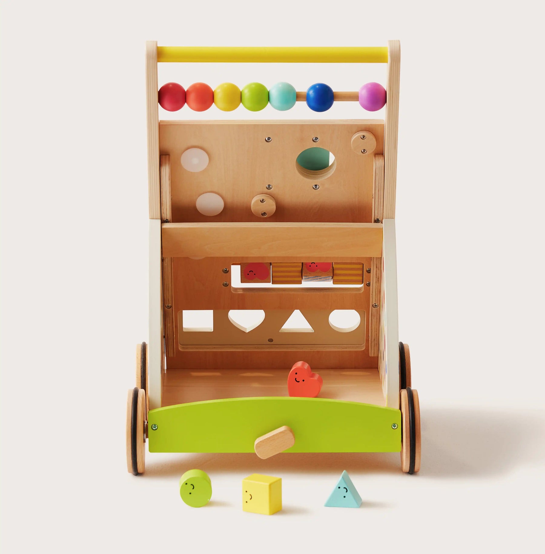 The Tiny Land All-Rounder Baby Playset — Baby Walker + Montessori Box (7-9 Months) features a green-front wooden walker with colorful beads, spinning elements, shape-sorting holes, and includes three shaped blocks and a red heart for development|Rainbow