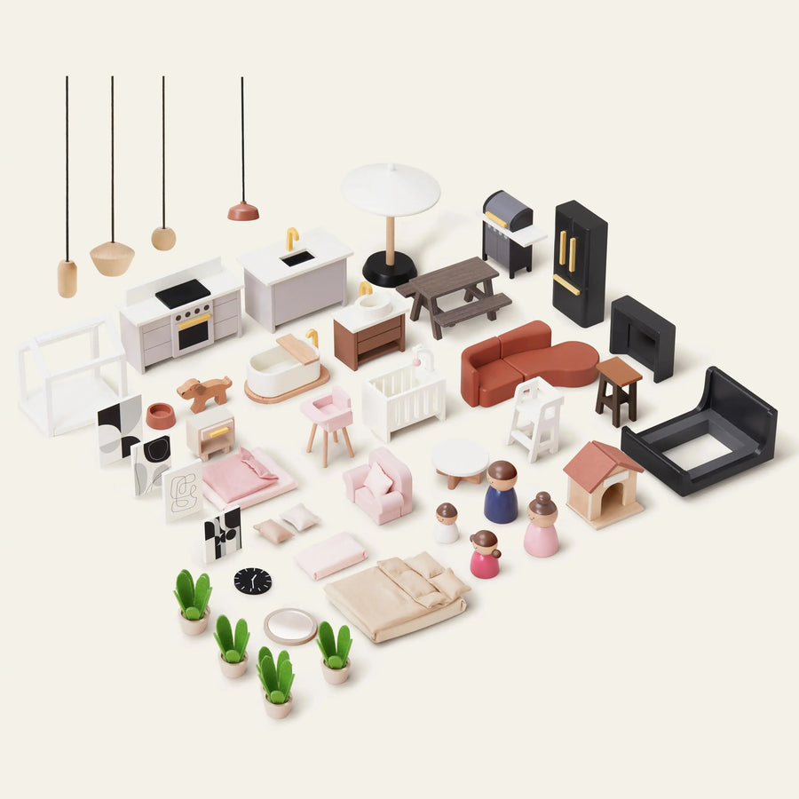 Tiny Land® Sweetwood Edge Dollhouse by Tiny Land features modern miniature furniture and home accessories—kitchen appliances, sofas, tables, beds, lamps, plants, and pet items—all beautifully displayed for a stylish dollhouse setup.