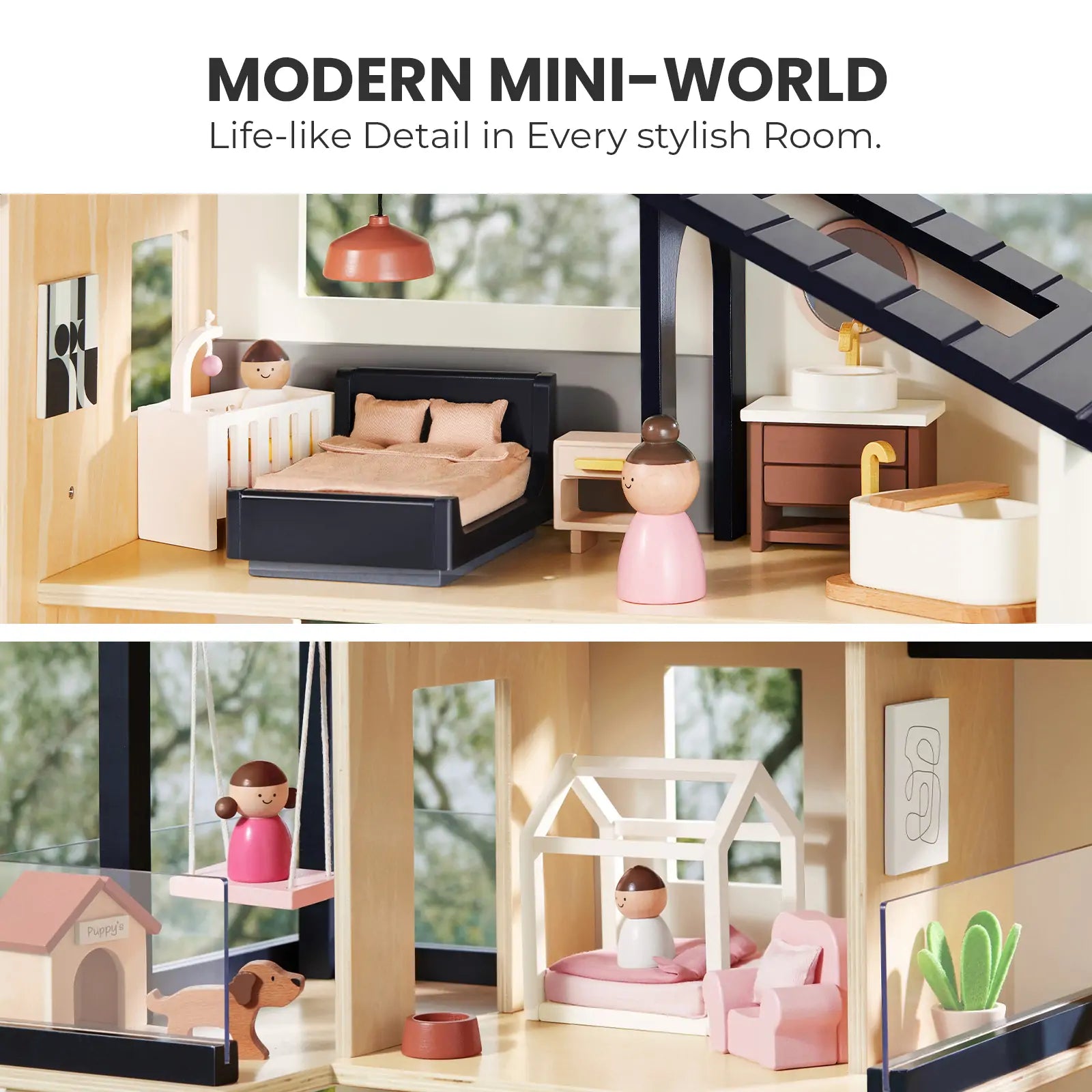 The Tiny Land Sweet Family Gift Set includes a Black Dollhouse, Dollhouse Garage, and extra dolls. Each room—bedroom, bathroom, playroom—is fully furnished for imaginative play with beds, a bathtub, wooden dolls, and accessories.