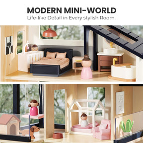 The Tiny Land Sweet Family Gift Set includes a Black Dollhouse, Dollhouse Garage, and extra dolls. Each room—bedroom, bathroom, playroom—is fully furnished for imaginative play with beds, a bathtub, wooden dolls, and accessories.