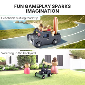 Wooden figures spark imagination as some ride in a toy car with a surfboard while others mow a tiny lawn—ideal for the Tiny Land Sweet Family Gift Set: Black Dollhouse & Dollhouse Garage & Extra Dolls.