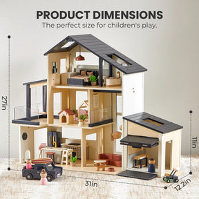 The Tiny Land Sweet Family Gift Set features a black dollhouse with three floors, furniture, an 11" tall garage with car, extra dolls, and toy figures. Dimensions: 42”H x 31”W x 12.2”D—perfect for imaginative play.