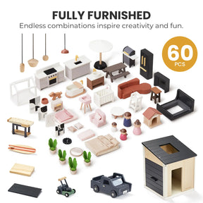 The Tiny Land Sweet Family Gift Set features 60 miniature furniture pieces and accessories—sofas, tables, beds, plants, vehicles, a black dollhouse with garage, extra dolls, and a doghouse—arranged on white. Text: FULLY FURNISHED & 60 PCS.